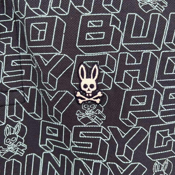 Psycho Bunny Boys All Over Logo Print Polo Shirt Navy Blue Size 14-16 Large - Picture 4 of 6